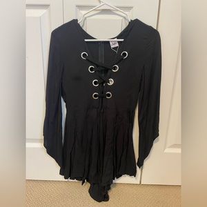 Selfie Leslie Black long sleeve romper with shoe lace tie in middle